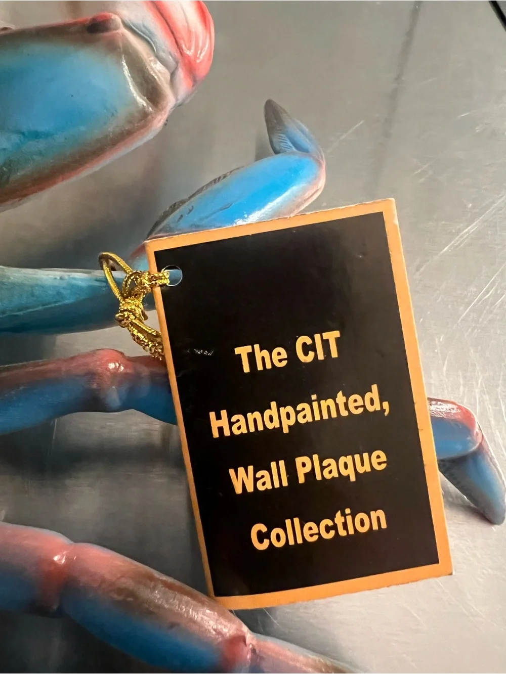 Lightweight Hard Plastic Handpainted Blue & White Crab Wall Plaque -